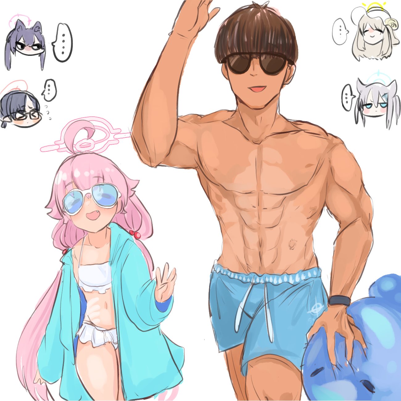 ahoge, ayane_(blue_archive), bikini, blue-tinted_eyewear, blue_archive, blue_jacket, frilled_bikini, frills, hair_bobbles, hair_ornament, halo, highres, hoshino_(blue_archive), hoshino_(swimsuit)_(blue_archive), implied_after_sex, inflatable_toy, inflatable_whale, jacket, long_hair, low_twintails, nonomi_(blue_archive), official_alternate_costume, pink_hair, ro_(aahnn), sensei_(blue_archive), serika_(blue_archive), swimsuit, tan, tinted_eyewear, twintails, white_bikini