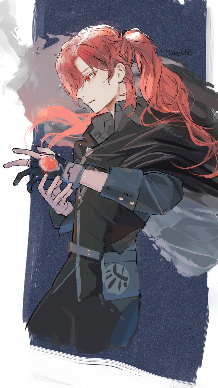 1boy, bangs, black_cape, black_gloves, black_pants, cape, closed_mouth, commentary_request
