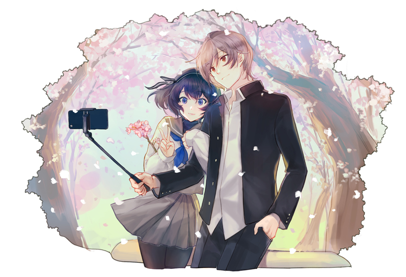 1boy, 1girl, arm_wrap, black_hair, black_hairband, branch, brown_eyes, brown_hair