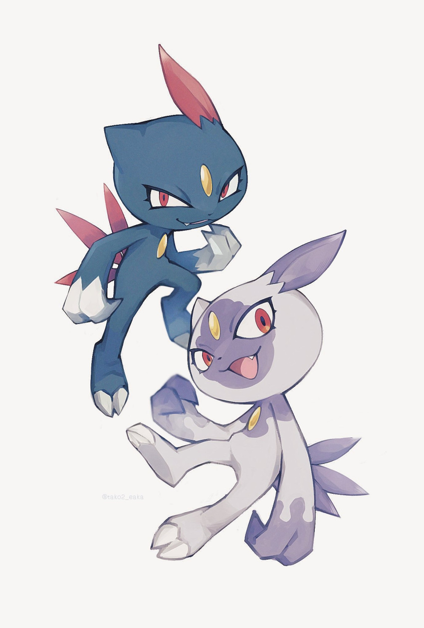 :d, claws, eyelashes, fang, highres, hisuian_sneasel, no_humans, open_mouth, pokemon, pokemon_(creature), red_eyes, smile, sneasel, tako2_eaka, tongue, twitter_username, white_background