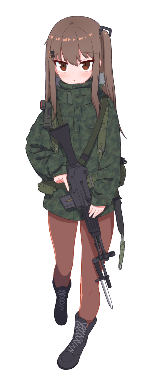 1girl, assault_rifle, bangs, bayonet, black_footwear, boots, brown_eyes, brown_hair