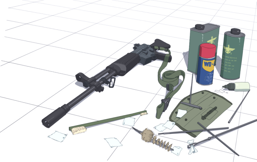 assault_rifle, brush, cleaning_brush, daewoo_k2, girls_frontline, gun, jagd, no_humans
