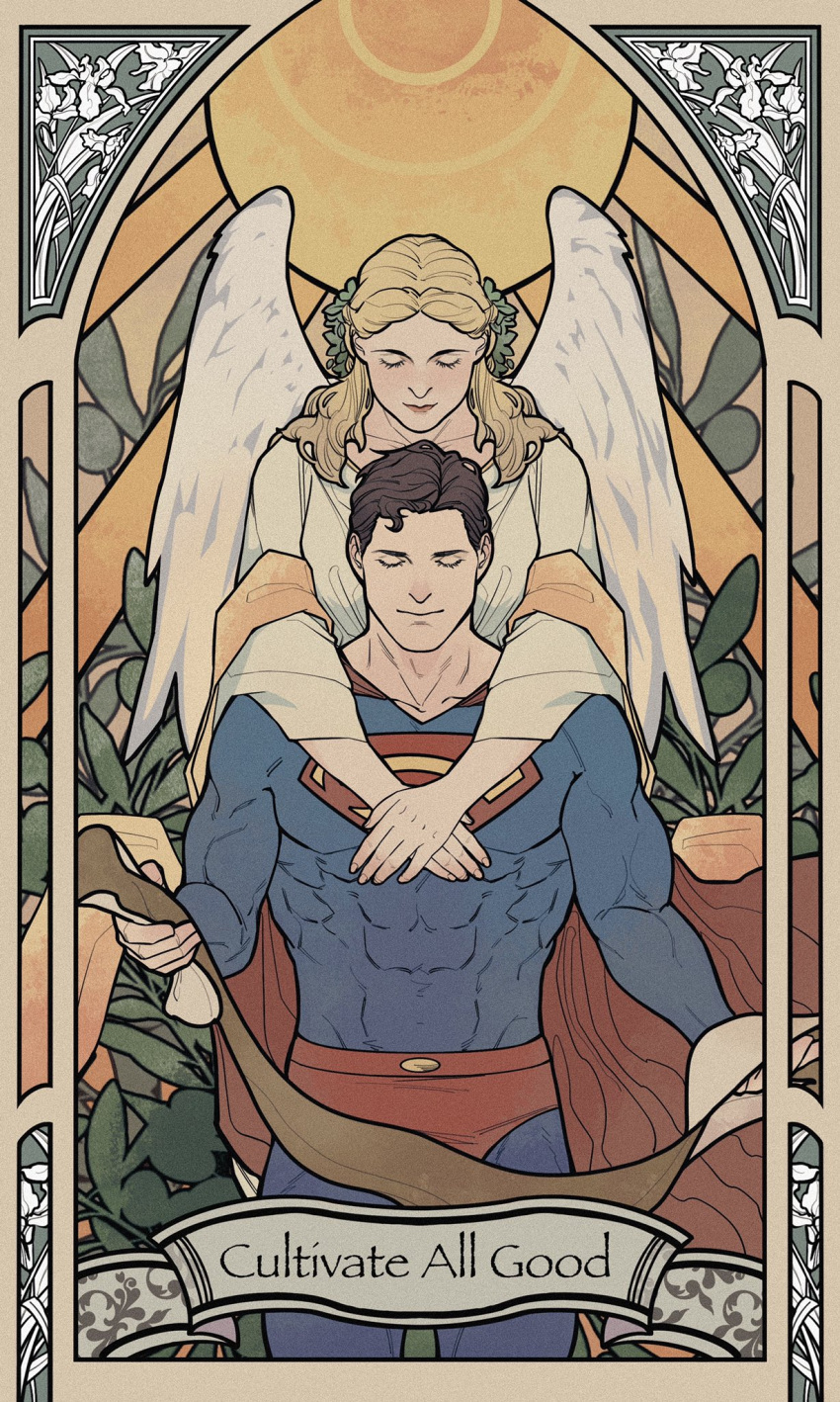 1boy, 1girl, angel, angel_wings, black_hair, blonde_hair, blue_bodysuit, bodysuit