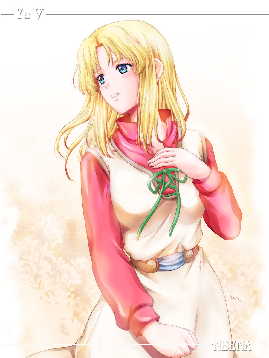 1girl, bangs, blonde_hair, blue_eyes, dress, hand_on_own_chest, highres, niena_(ys), simple_background, smile, solo, swept_bangs, xiacheng_tatsuya, ys
