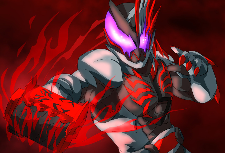 1boy, armor, asymmetrical_armor, belt, black_armor, crimson_vail, crimson_vistamp, dark_background
