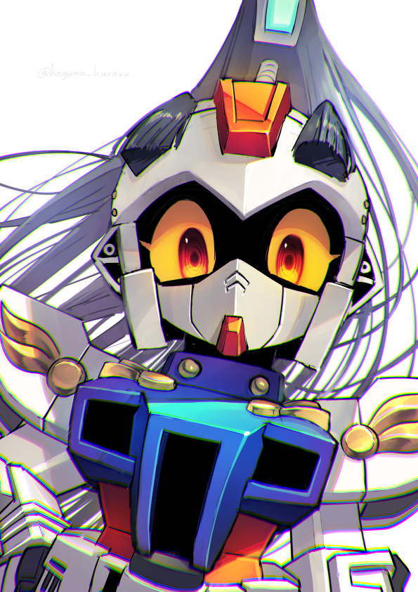 black_hair, bushimaru, colored_sclera, floating_hair, gundam, kinako_(karasu_nomaru), looking_at_viewer, mecha