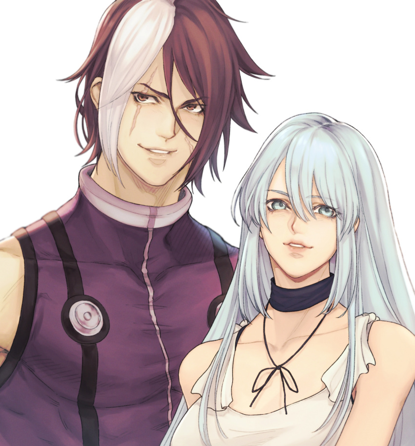 1boy, 1girl, biceps, black_hair, blue_eyes, blue_hair, collarbone, couple, dress, highres, isolde_(kof), ktovhinao, looking_at_viewer, multicolored_hair, muscular, muscular_male, nameless_(kof), scar, scar_on_cheek, scar_on_face, smile, the_king_of_fighters