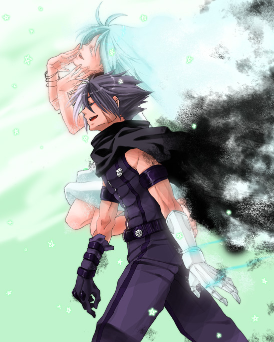 1boy, 1girl, biceps, black_hair, blue_hair, cloak, couple, dress