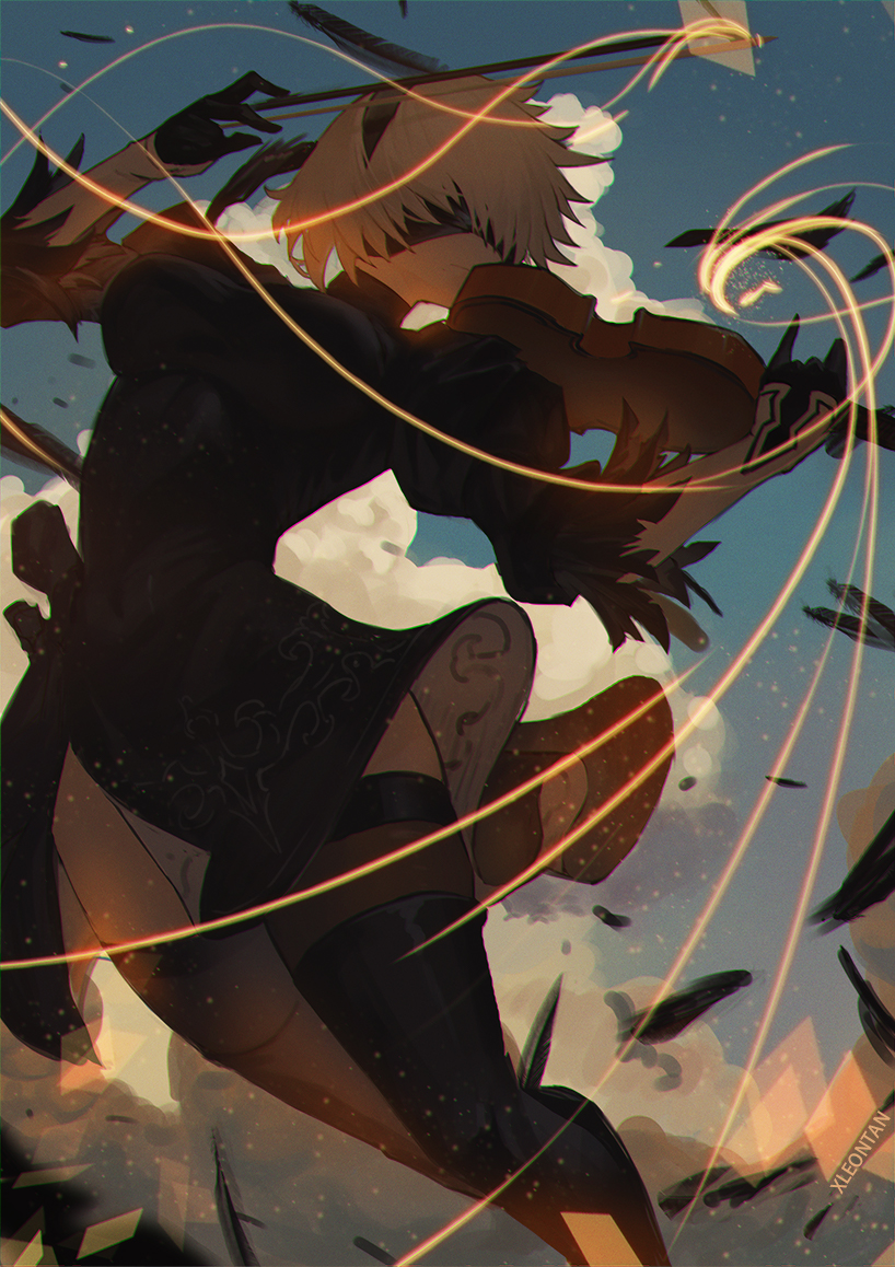1girl, artist_name, black_blindfold, black_footwear, black_hairband, blindfold, blue_sky, brown_legwear