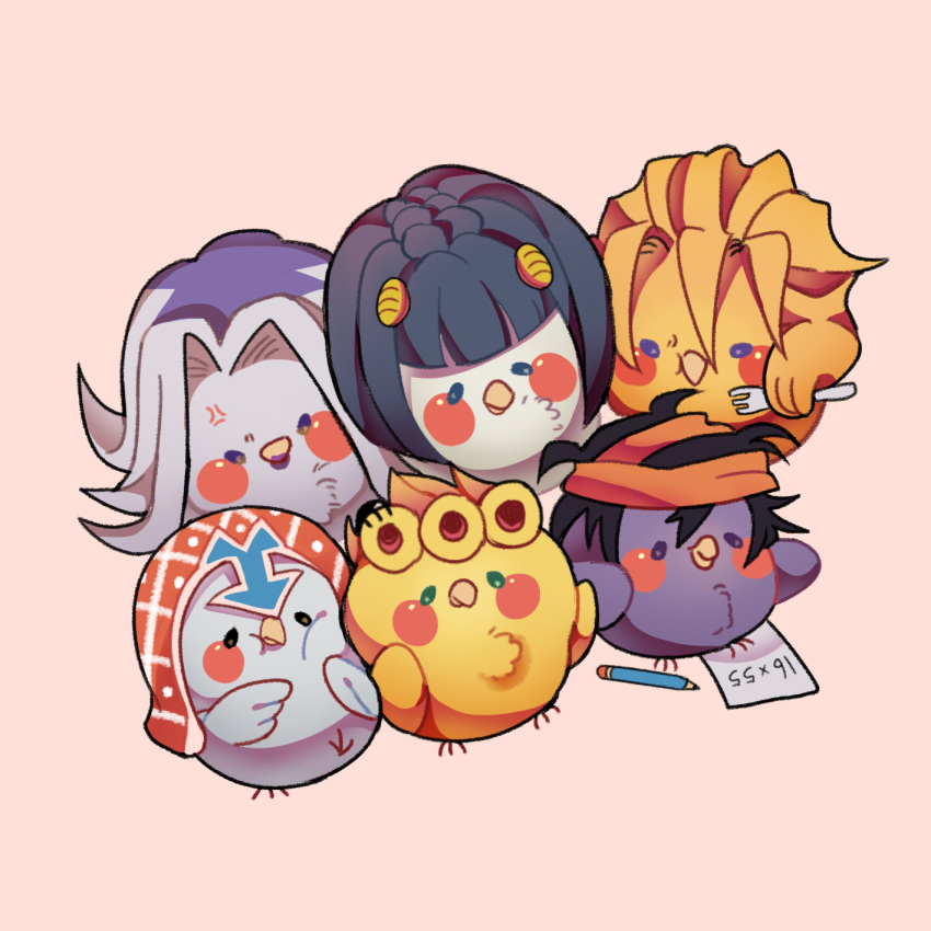 6+boys, anger_vein, animalization, bangs, bird, black_hair, blunt_bangs, blush_stickers, braid, bruno_buccellati, fork, giorno_giovanna, guido_mista, hair_ornament, hat, highres, holding, holding_fork, jojo_no_kimyou_na_bouken, leone_abbacchio, long_hair, male_focus, math, meden1688, multiple_boys, narancia_ghirga, no_humans, pannacotta_fugo, paper, parted_bangs, pencil, short_hair