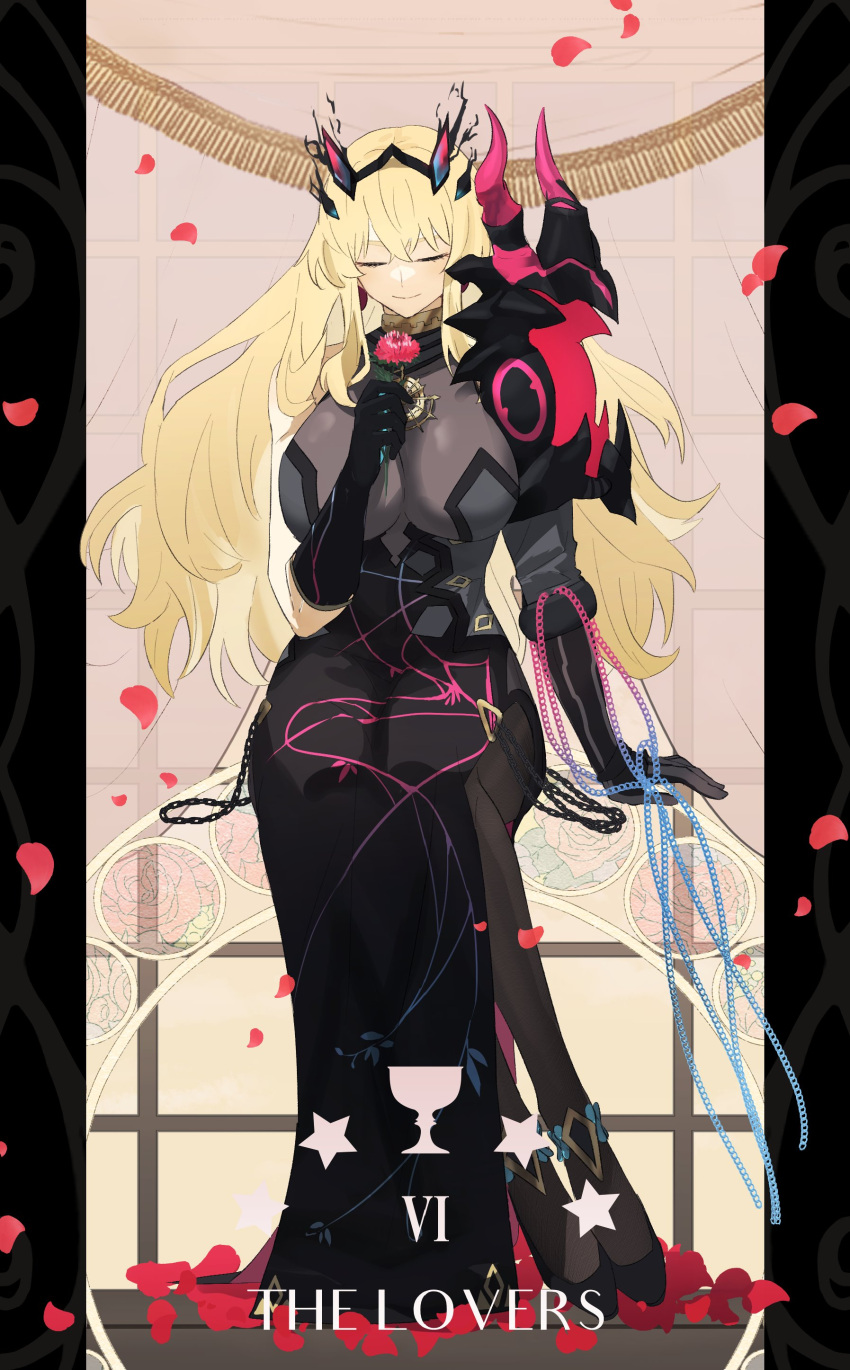 1girl, absurdres, armor, blonde_hair, breasts, brown_legwear, chain, closed_eyes