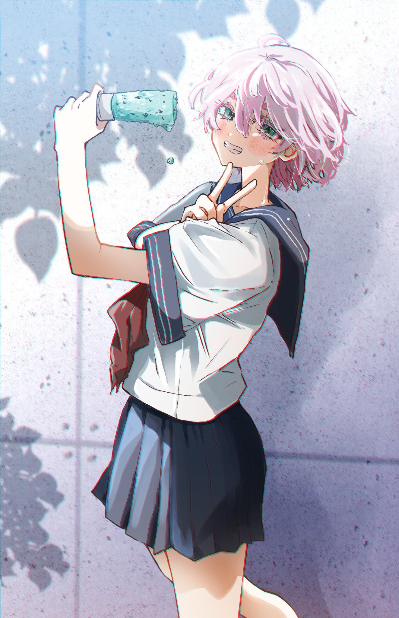 1girl, akashi_senju, colored_eyelashes, commentary_request, day, food, green_eyes, grin