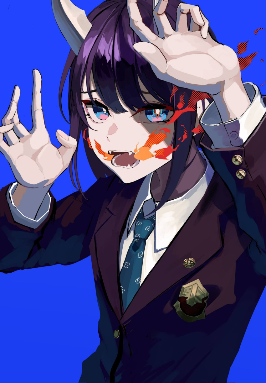 1girl, aoki_ruri, arm_up, bangs, blazer, blue_background, blue_eyes, blue_necktie, breathing_fire, bright_pupils, buttons, claw_pose, collared_shirt, dragon_girl, dragon_horns, emblem, fangs, fire, hand_up, highres, horns, jacket, long_sleeves, looking_at_viewer, medium_hair, multicolored_eyes, necktie, ninjin_genjin, open_mouth, parted_bangs, pink_eyes, purple_hair, ruri_dragon, school_uniform, shirt, simple_background, slit_pupils, solo, swept_bangs, upper_body, white_pupils, white_shirt