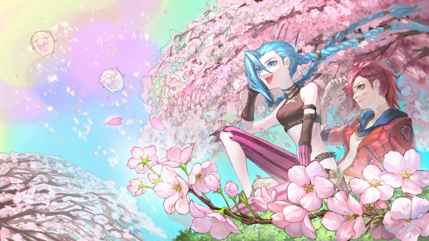2girls, ahoge, arcane:_league_of_legends, arcane_jinx, arcane_vi, arm_strap, arm_support, arm_tattoo, asymmetrical_hair, asymmetrical_legwear, bandaged_arm, bandages, blue_eyes, blurry, blurry_background, braid, branch, breasts, cherry_blossoms, closed_mouth, clouds, commentary_request, crop_top, depth_of_field, detached_sleeves, falling_petals, fang, flower, from_below, from_side, grass, halter_top, halterneck, hand_up, highres, hood, hoodie, jacket, jinx_(league_of_legends), knee_up, league_of_legends, light_blue_hair, looking_to_the_side, multicolored_clothes, multicolored_hoodie, multiple_girls, neck_tattoo, on_ground, open_clothes, open_jacket, open_mouth, pants, perspective, petals, pink_flower, poro_(league_of_legends), purple_hoodie, rayn87250715, red_jacket, redhead, single_sidelock, sitting, sky, small_breasts, smile, tattoo, teeth, tongue, tree, twin_braids, twintails, uneven_legwear, vi_(league_of_legends), white_hoodie, wind