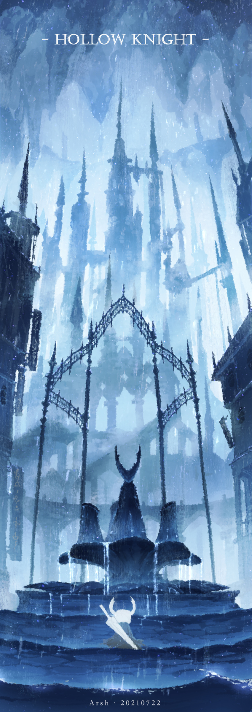 2boys, absurdres, arsh_(thestarwish), artist_name, black_cloak, bridge, castle, cloak