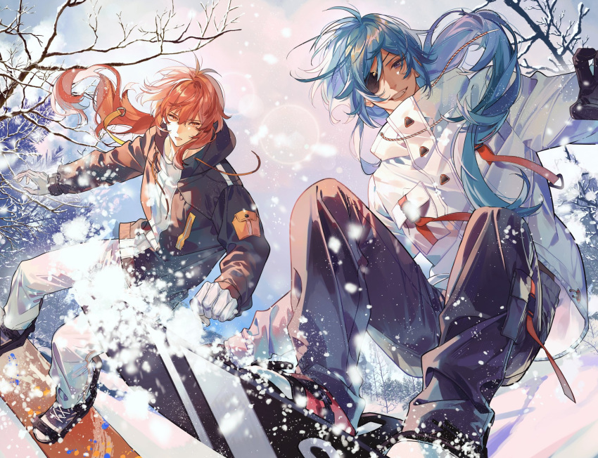 2boys, bare_tree, black_gloves, black_jacket, blue_eyes, blue_hair, branch, brothers, contemporary, diluc_(genshin_impact), eyepatch, from_below, genshin_impact, gloves, grin, highres, hood, jacket, kaeya_(genshin_impact), kkkktzr1, long_hair, looking_at_another, looking_at_viewer, male_focus, multiple_boys, overcast, pants, parted_lips, ponytail, red_eyes, redhead, serious, shoes, siblings, smile, sneakers, snow, snowboard, snowboarding, snowing, teeth, tree, white_gloves, white_jacket