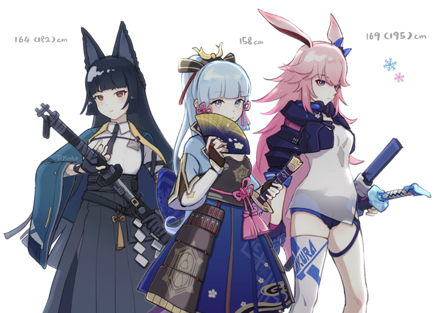 3girls, absurdres, animal_ears, armor, bangs, black_gloves, black_hair, black_jacket, black_necktie, black_shorts, blue_eyes, blue_hair, cat_ears, closed_mouth, collared_shirt, company_connection, crossover, fingerless_gloves, fox_ears, genshin_impact, gloves, highres, holding, holding_sword, holding_weapon, honkai_(series), honkai_impact_3rd, hoshimi_miyabi, jacket, japanese_armor, kamisato_ayaka, katana, mihoyo_technology_(shanghai)_co._ltd., multiple_girls, necktie, pink_hair, ponytail, red_eyes, see-through, see-through_shirt, sheath, sheathed, shirt, shorts, simple_background, single_glove, single_thighhigh, sword, thigh-highs, violet_eyes, weapon, white_background, white_legwear, white_shirt, yae_sakura, yae_sakura_(goushinnso_memento), yinkooo, zenless_zone_zero