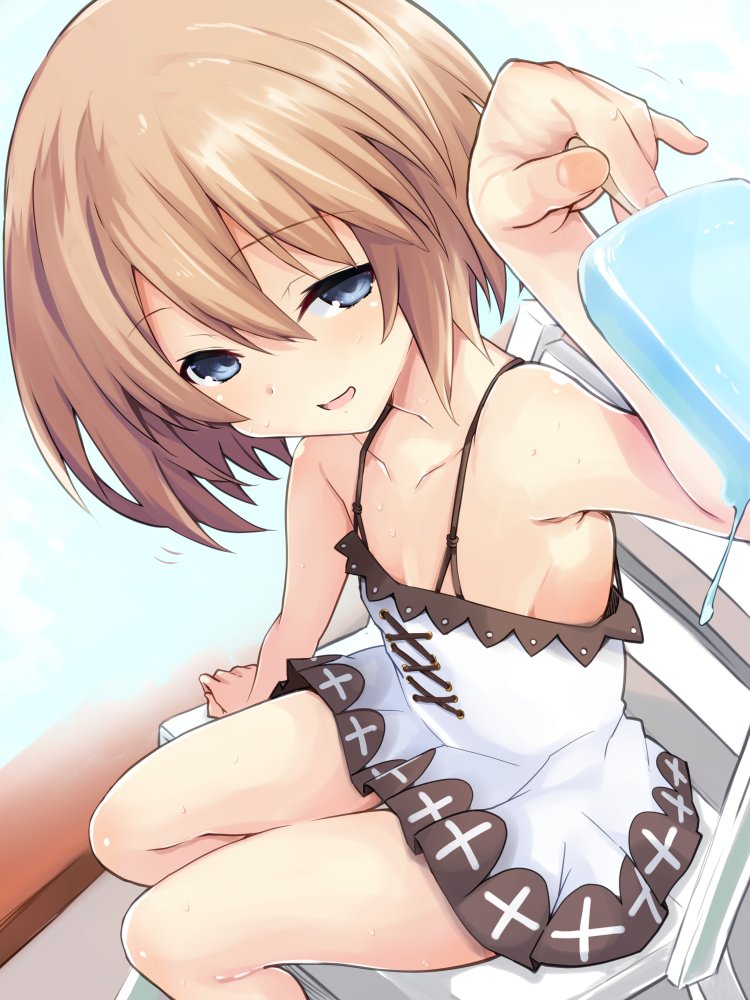 1girl, bare_shoulders, blanc_(neptune_series), blue_eyes, blush, breasts, brown_hair, dress