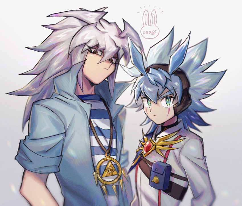 2boys, bangs, blue_hair, blue_shirt, brown_eyes, facial_mark, green_eyes, hair_between_eyes, long_hair, millennium_ring, multiple_boys, sasagaku_sando, shadow, shirt, striped, striped_shirt, upper_body, white_background, white_hair, yami_bakura, yu-gi-oh!, yu-gi-oh!_duel_monsters, yu-gi-oh!_go_rush!!, yudias_velgear