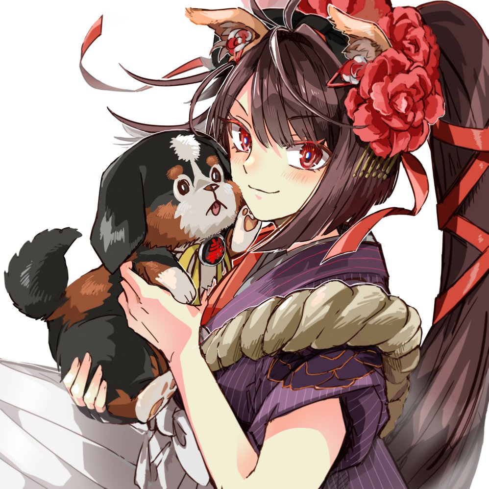 1girl, ahoge, animal, animal_ears, brown_hair, dog, dog_ears, fate/grand_order
