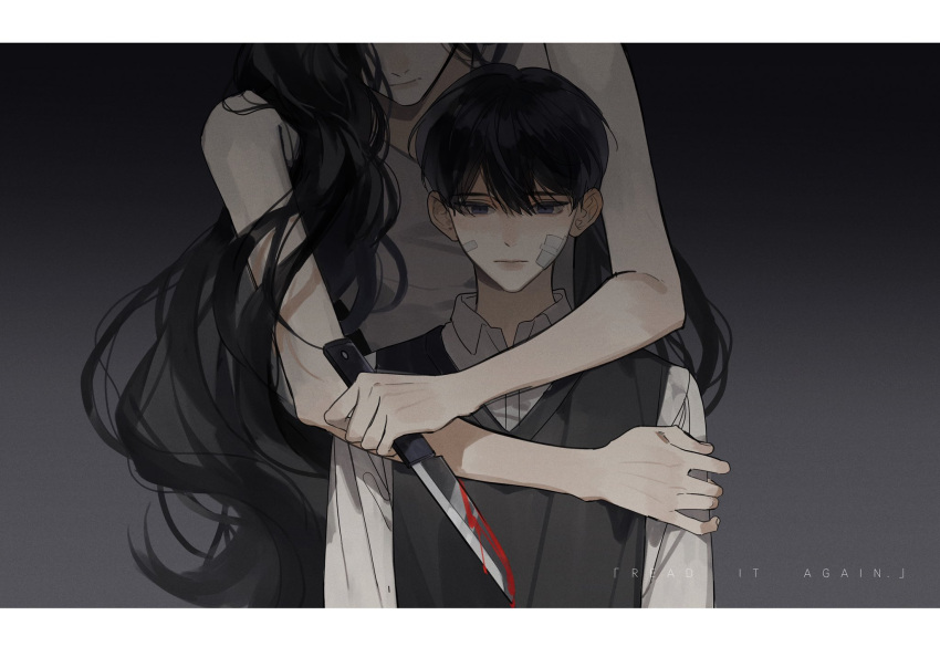 1boy, 1girl, bandaid, bandaid_on_face, black_eyes, black_hair, blood, blood_on_knife