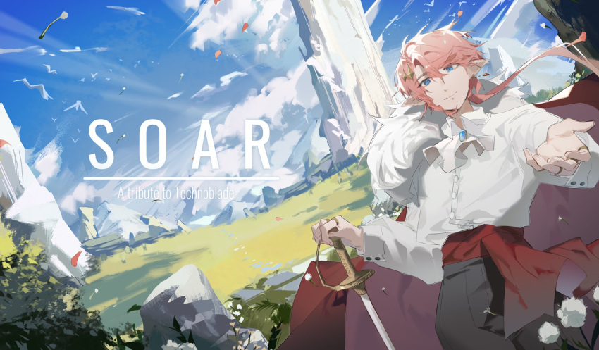 1boy, bangs, bird, black_pants, blonde_hair, blue_brooch, blue_eyes, brown_cape