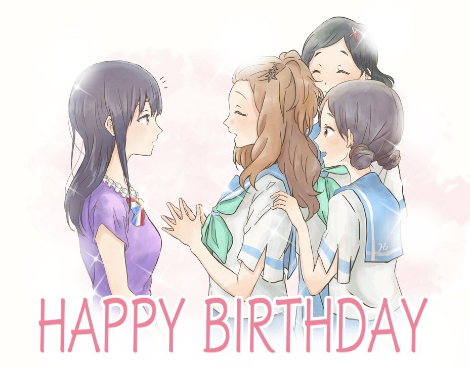 4girls, bangs, black_hair, blue_hair, blue_sailor_collar, blush, brown_hair, closed_eyes