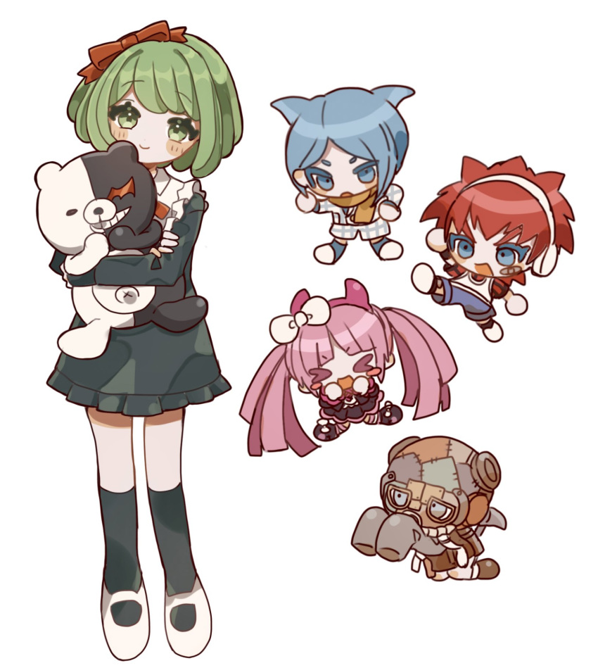 >_<, 2girls, 3boys, :d, ameko53133, bangs, black_dress, black_legwear