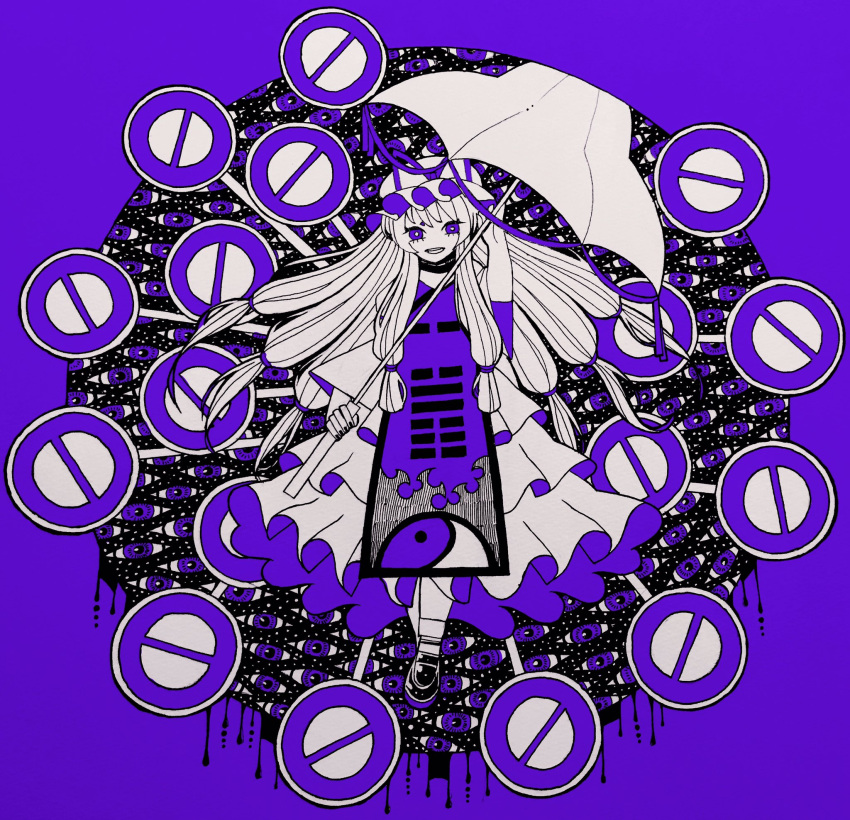 1girl, ballpoint_pen_(medium), bangs, bobby_socks, boku_(isizakitakasi), commentary, disembodied_eye, dress