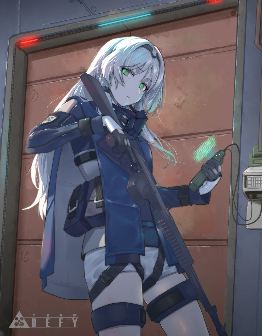 1girl, absurdres, an-94, an-94_(girls'_frontline), aqua_eyes, assault_rifle, controller, cowboy_shot
