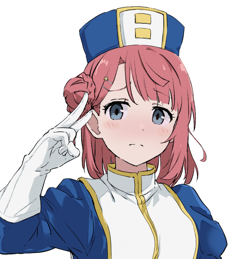 1girl, bangs, blue_eyes, blue_headwear, blue_jacket, breasts, collared_jacket, commentary_request