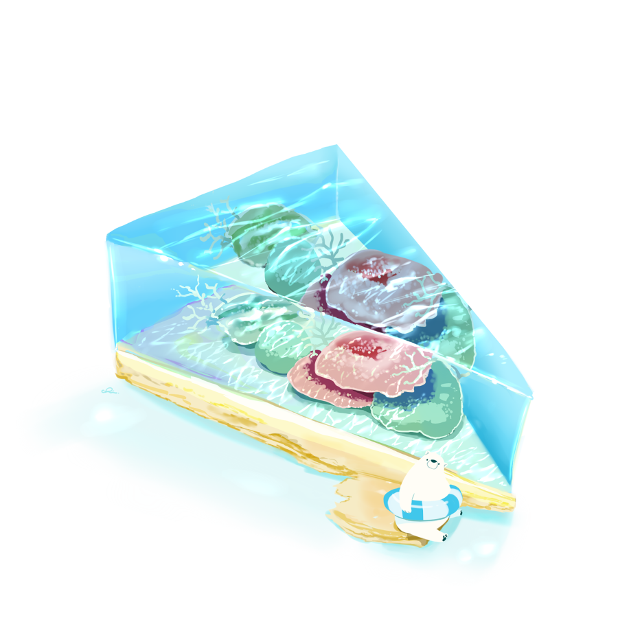artist_name, bear, cake, cake_slice, caustics, chai_(drawingchisanne), coral_reef, food