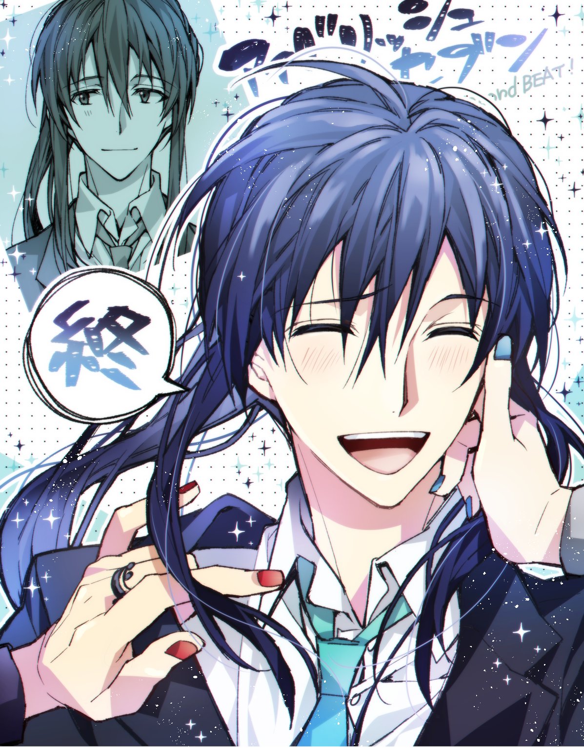 1boy, ahoge, blue_hair, blue_nails, blush, closed_mouth, formal, highres