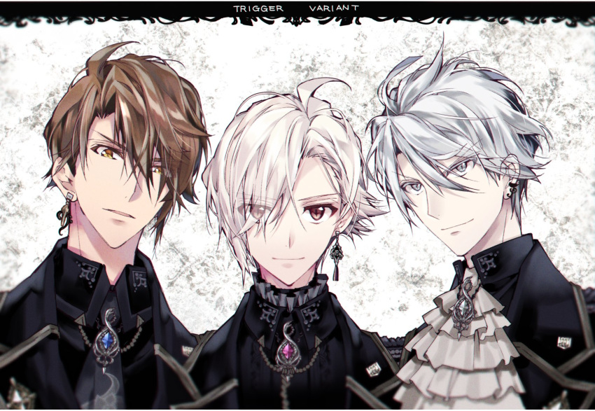 3boys, ahoge, anesagi_kaoru, black_suit, blonde_hair, brown_eyes, brown_hair, earrings, eyes_visible_through_hair, formal, frilled_skirt, frills, gem, gloves, grey_eyes, hair_between_eyes, highres, jewelry, kujou_tenn, light_smile, long_sleeves, looking_at_viewer, male_focus, multiple_boys, open_mouth, pink_eyes, pink_hair, red_eyes, redhead, shirt, short_hair, skirt, slit_pupils, smile, suit, tanemura_arina, trigger_(idolish_7), upper_body, white_hair, yaotome_gaku