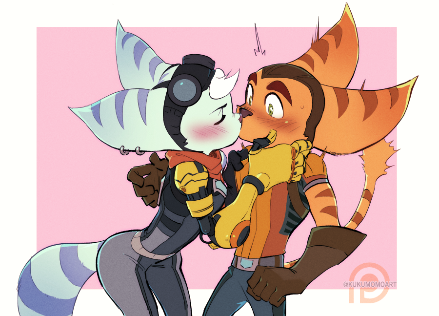 1boy, 1girl, animal_ears, animal_nose, assertive_female, blue_fur, blush, body_fur, bodysuit, border, brown_gloves, closed_eyes, dual_persona, earrings, furry, furry_female, gloves, goggles, goggles_on_head, green_eyes, grey_bodysuit, hetero, jewelry, kiss, kukumomo, lombax, mechanical_arms, multiple_earrings, neckerchief, orange_fur, outside_border, pink_background, ratchet_&amp;_clank, ratchet_&amp;_clank:_rift_apart, ratchet_(ratchet_&amp;_clank), rivet_(ratchet_&amp;_clank), selfcest, shirt_grab, single_mechanical_arm, snout, standing, striped_fur, surprise_kiss, surprised, two-tone_fur, white_border, wide-eyed