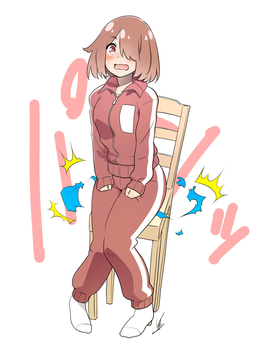 1girl, absurdres, balloon, blush, brown_hair, chair, hair_over_one_eye, highres