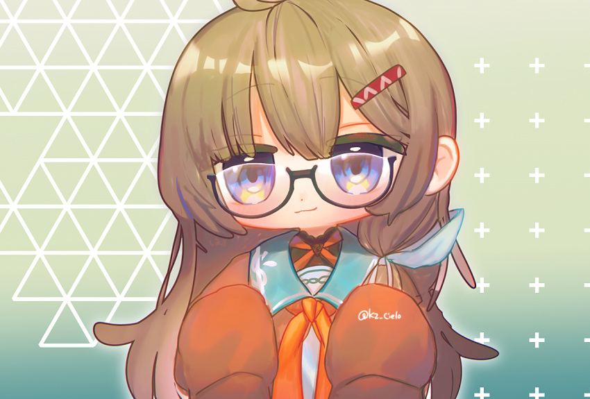 1girl, black-framed_eyewear, blue_eyes, blue_sailor_collar, brown_hair, brown_jacket, chibi, closed_mouth