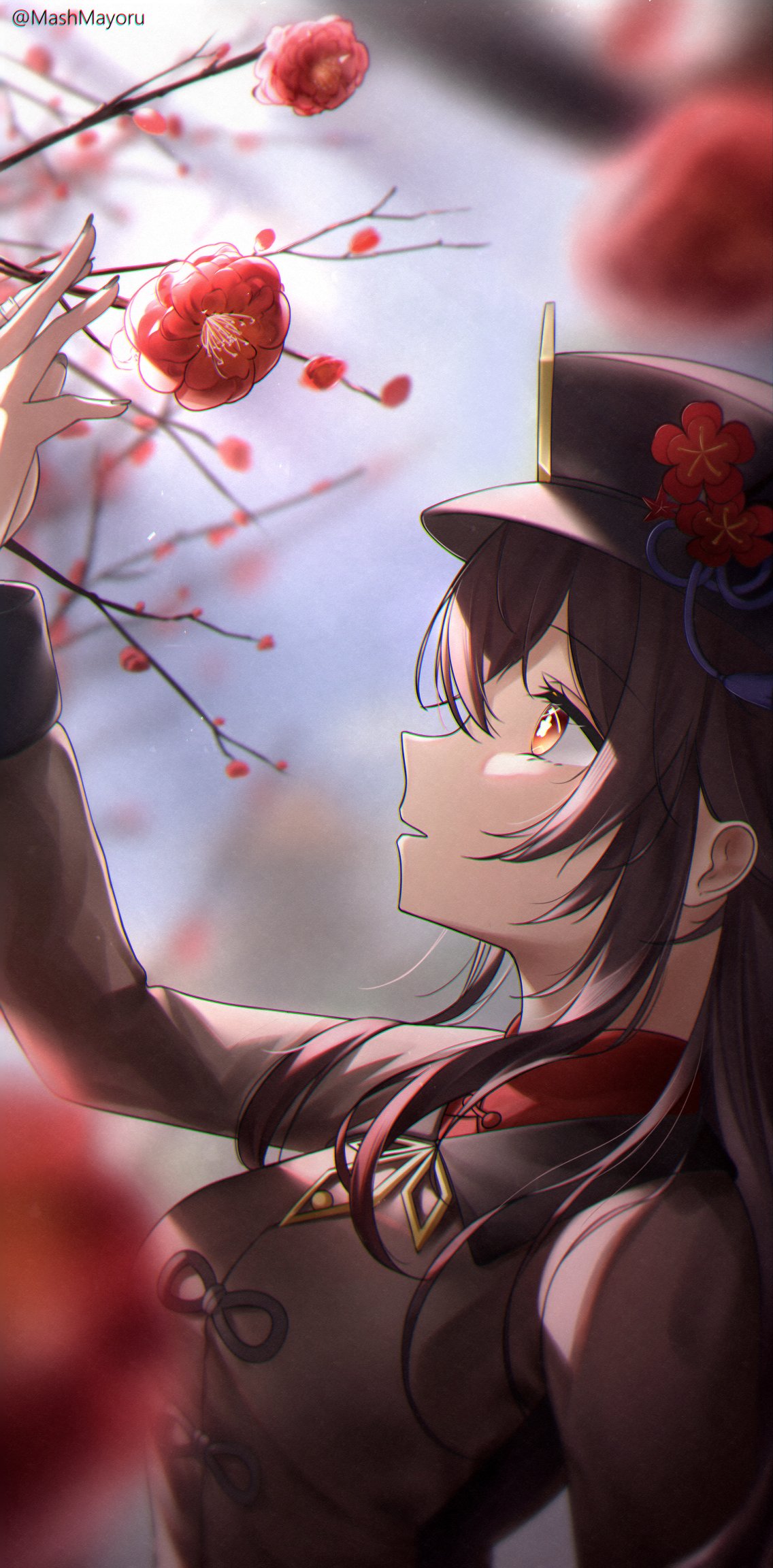 1girl, black_nails, brown_hair, chinese_clothes, coat, flower, flower-shaped_pupils, genshin_impact