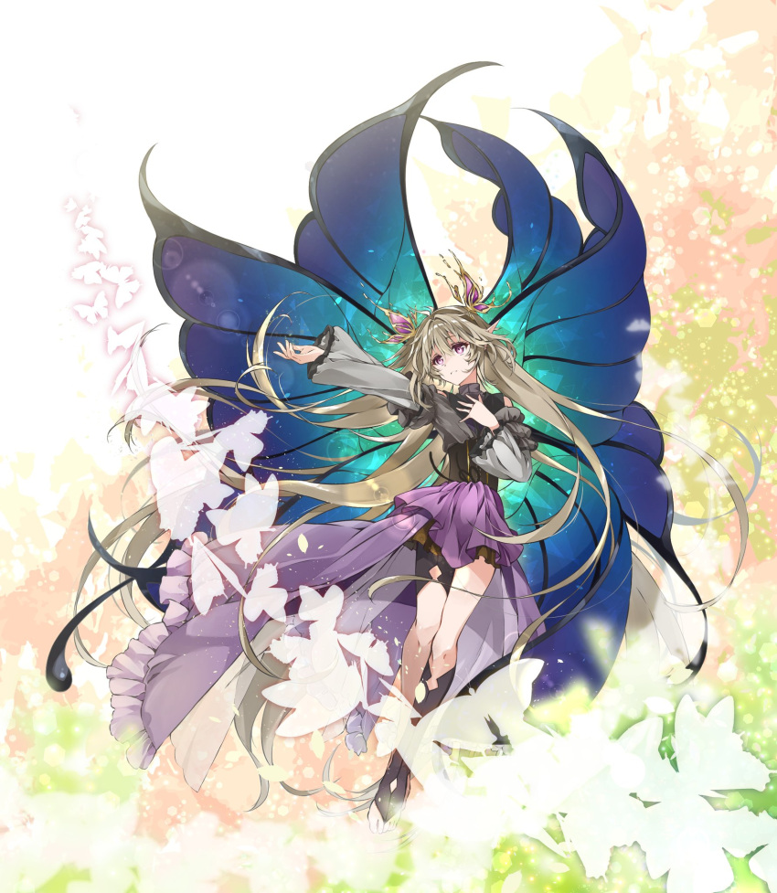 1girl, asymmetrical_legwear, black_legwear, black_shirt, bug, butterfly, butterfly_hair_ornament, butterfly_wings, corset, fujishiro_kazuha, full_body, grey_jacket, hair_between_eyes, hair_ornament, hand_on_own_chest, highres, jacket, light_brown_hair, long_hair, looking_to_the_side, off_shoulder, original, outstretched_arm, overskirt, parted_lips, pointy_ears, purple_skirt, shirt, silhouette, skirt, solo, the_empress_(tarot), toeless_legwear, turtleneck, violet_eyes, wings