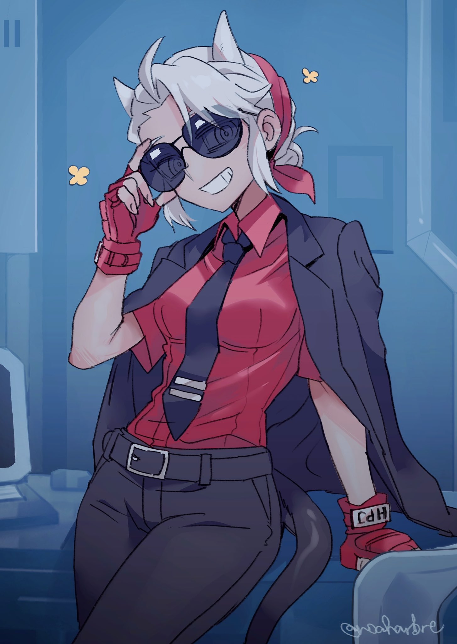1girl, belt, black_belt, black_necktie, black_pants, demon_girl, demon_tail, eyes_visible_through_eyewear