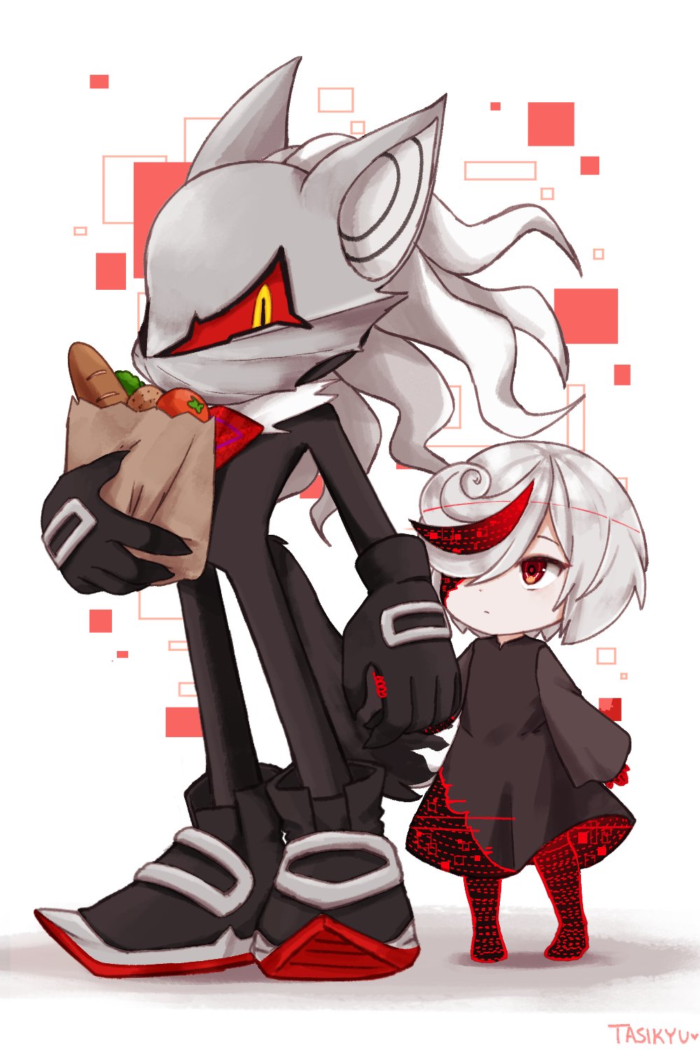 1boy, 1girl, black_dress, dress, hair_over_one_eye, highres, infinite_(sonic), mask