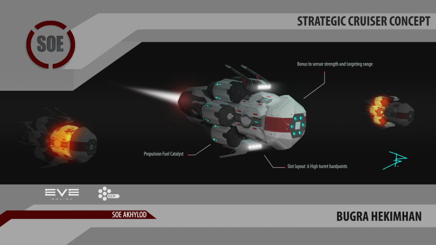 3d, afterburner, bugrahekimhan, commentary, concept_art, cruiser, engine, english_text, eve_online, fire, glowing, highres, logo, machinery, military, military_vehicle, no_humans, original, science_fiction, servant_sisters_of_eve, ship, spacecraft, strategic_cruiser_(eve_online), thrusters, vehicle_focus, warship, watercraft, white_fire