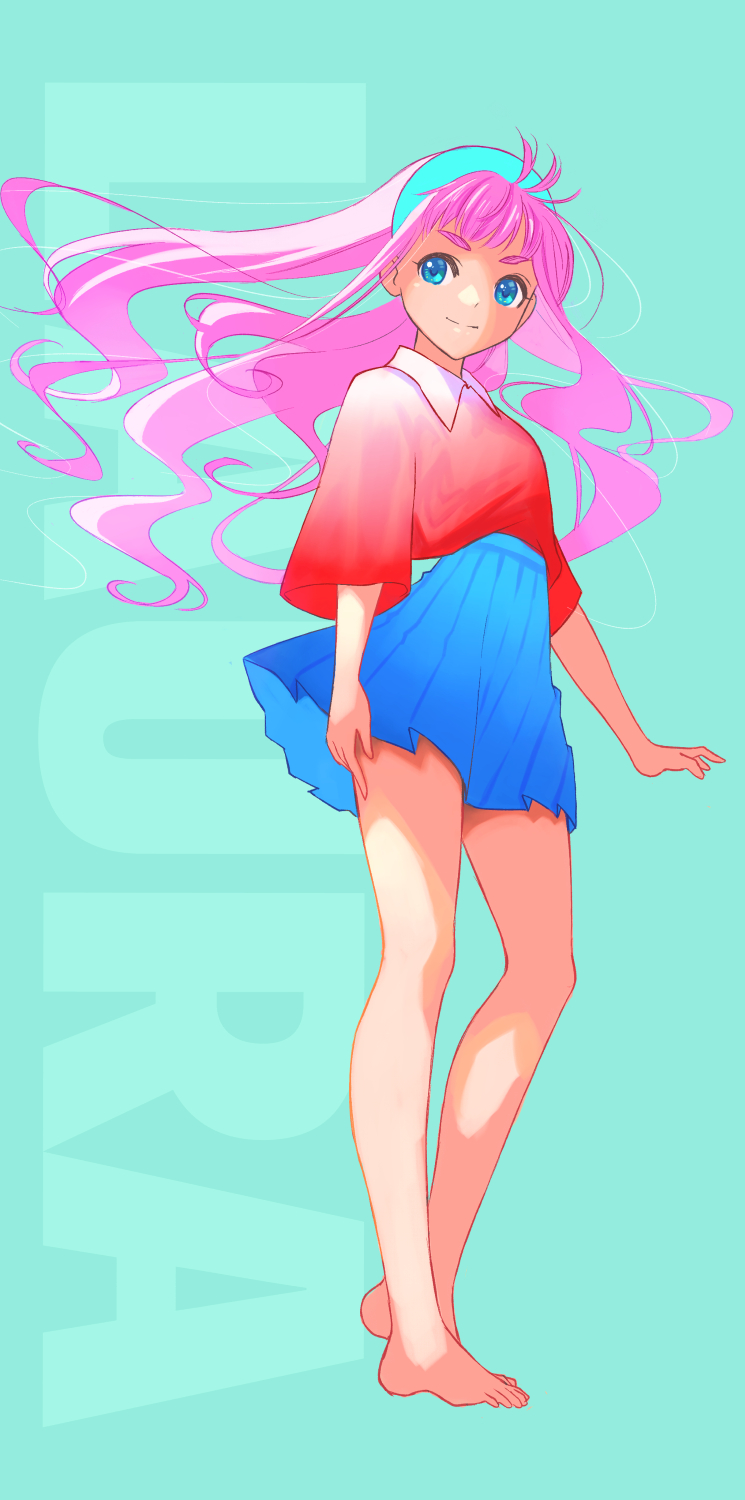 1girl, bare_legs, barefoot, blue_background, blue_eyes, blue_hairband, blue_skirt, character_name