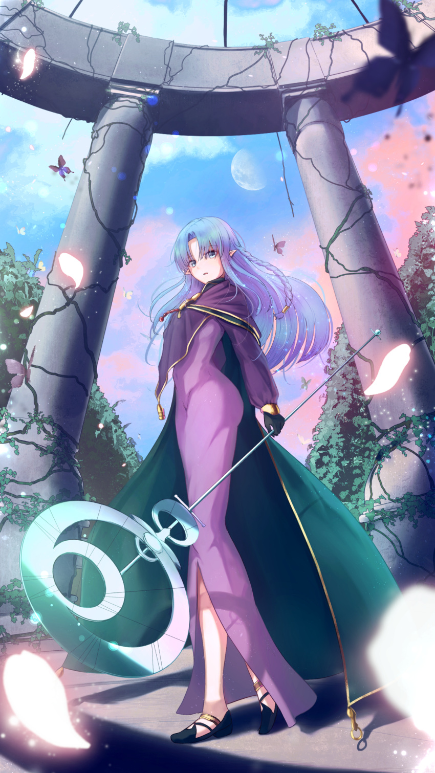 1girl, aomaru_(shta-chu-jisuiai), black_footwear, black_gloves, blue_cape, blue_eyes, blue_hair, braid