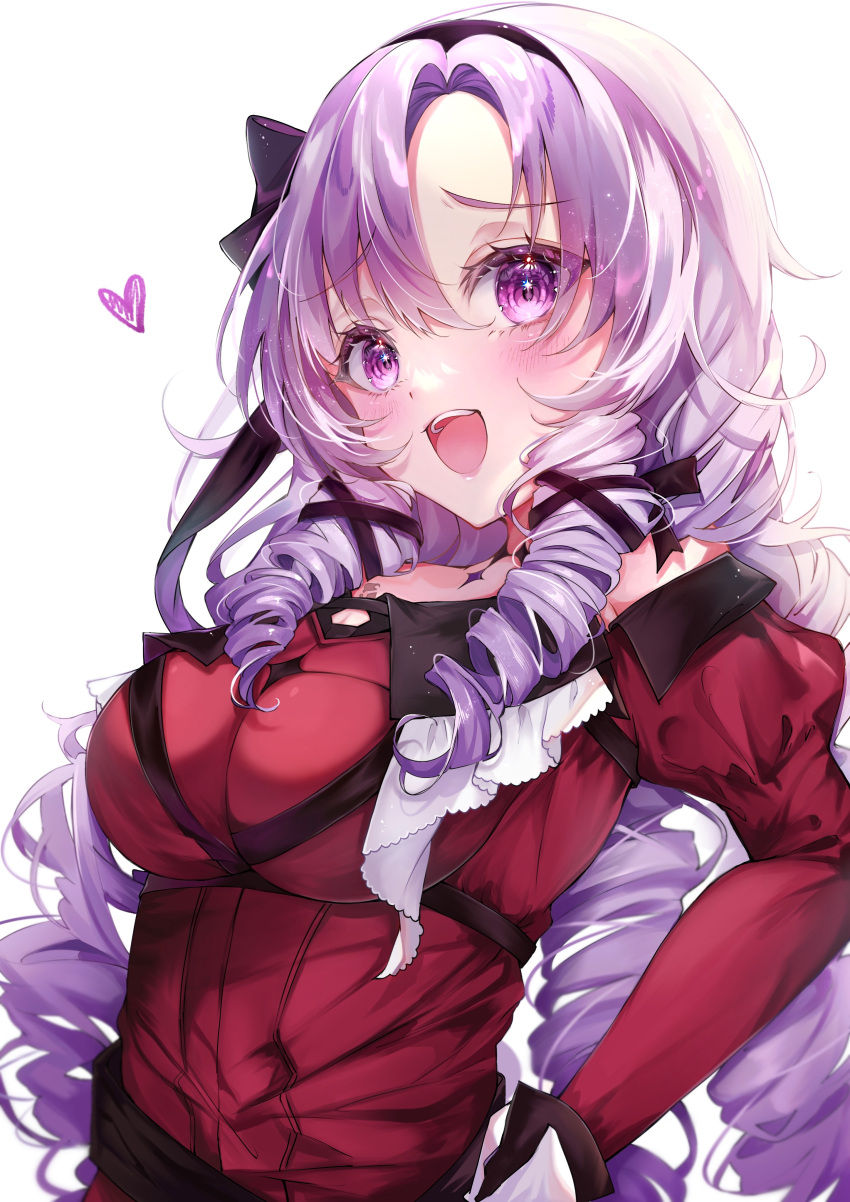 1girl, :d, absurdres, bangs, black_bow, black_hairband, black_ribbon, blush, bow, breasts, drill_hair, hair_between_eyes, hair_bow, hair_ribbon, hairband, hand_on_hip, heart, highres, hyakumantenbara_salome, kaidayo, long_hair, long_sleeves, medium_breasts, nijisanji, open_mouth, pink_eyes, purple_hair, red_shirt, ribbon, shiny, shiny_hair, shirt, simple_background, smile, solo, upper_body, very_long_hair, virtual_youtuber, white_background