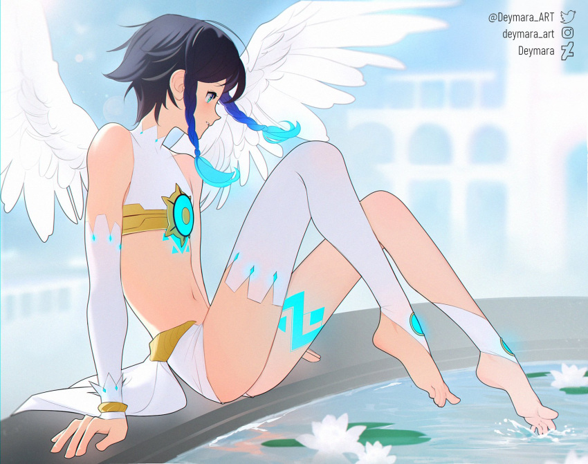 1boy, androgynous, bangs, barefoot, black_hair, blue_eyes, blue_hair, braid