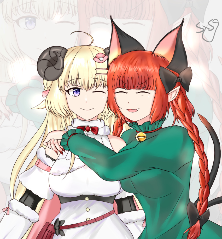 animal_ears, bangs, blonde_hair, blush, cat_ears, cat_girl, cat_tail, commentary_request