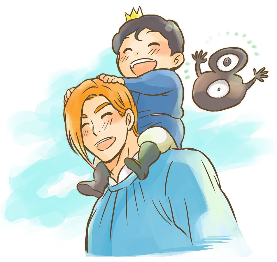 2boys, black_hair, blonde_hair, blue_tunic, blush, bojji, boots, carrying