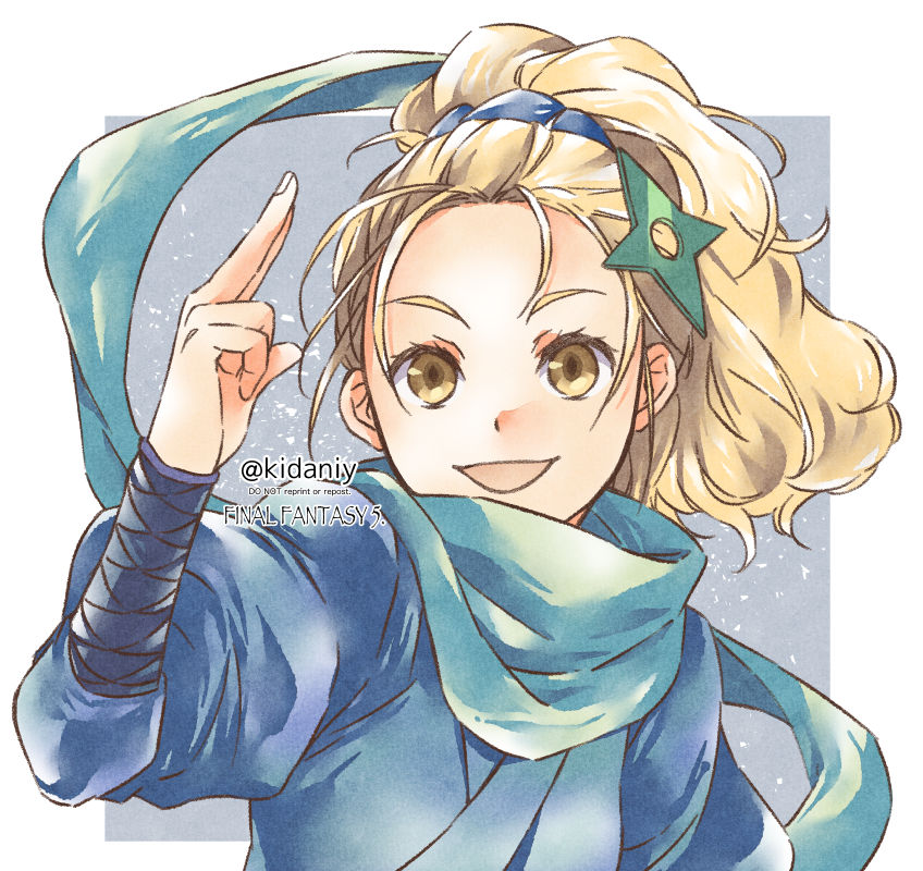 1girl, blonde_hair, brown_eyes, final_fantasy, final_fantasy_v, hair_ornament, index_finger_raised, kidani_mami