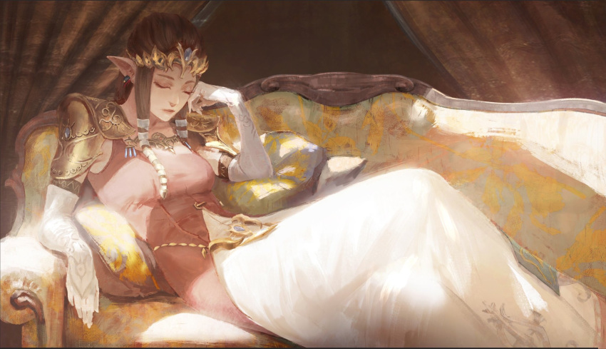 1girl, arm_rest, armor, blue_gemstone, breasts, brown_hair, closed_eyes, closed_mouth